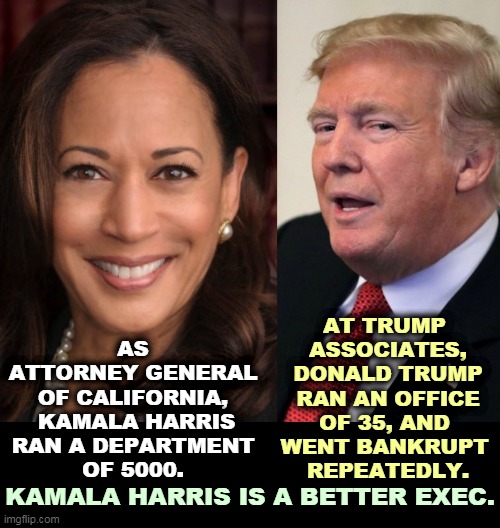Trump couldn't manage an office of 35 without blowing it all up. Just like what he did to America. | AS 
ATTORNEY GENERAL 

OF CALIFORNIA, 
KAMALA HARRIS RAN A DEPARTMENT 
OF 5000. AT TRUMP 
ASSOCIATES, DONALD TRUMP RAN AN OFFICE OF 35, AND 
WENT BANKRUPT 
REPEATEDLY. KAMALA HARRIS IS A BETTER EXEC. | image tagged in kamala harris,good,smart,trump,fool,incompetence | made w/ Imgflip meme maker