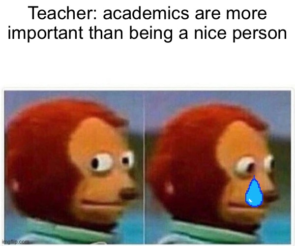 Hmm... is it though? | Teacher: academics are more important than being a nice person | image tagged in memes,monkey puppet | made w/ Imgflip meme maker