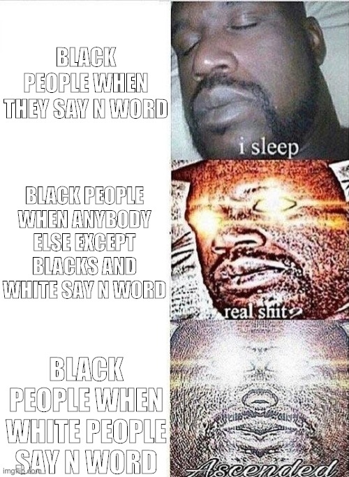 the black people and the n word | BLACK PEOPLE WHEN THEY SAY N WORD; BLACK PEOPLE WHEN ANYBODY ELSE EXCEPT BLACKS AND WHITE SAY N WORD; BLACK PEOPLE WHEN WHITE PEOPLE SAY N WORD | image tagged in i sleep real shit ascended,n word | made w/ Imgflip meme maker