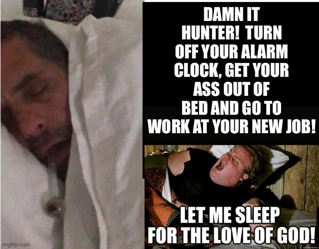 DAMN IT HUNTER!  TURN OFF YOUR ALARM CLOCK, GET YOUR ASS OUT OF BED AND GO TO WORK AT YOUR NEW JOB! | made w/ Imgflip meme maker