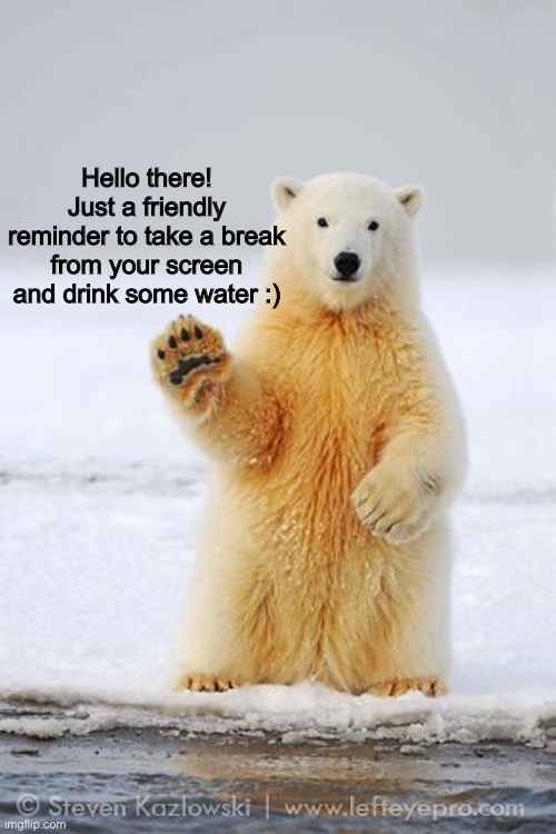 just a lil reminder :) | Hello there!
Just a friendly reminder to take a break from your screen and drink some water :) | image tagged in hello polar bear | made w/ Imgflip meme maker