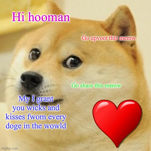 Doge | Hi hooman; Go upvoot this memw; Go share this memw; My I grant you wicks and kisses fwom every doge in the wowld | image tagged in memes,doge | made w/ Imgflip meme maker