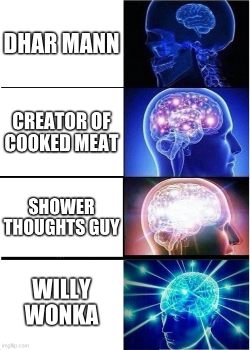 Expanding Brain Meme | DHAR MANN; CREATOR OF COOKED MEAT; SHOWER THOUGHTS GUY; WILLY WONKA | image tagged in memes,expanding brain | made w/ Imgflip meme maker
