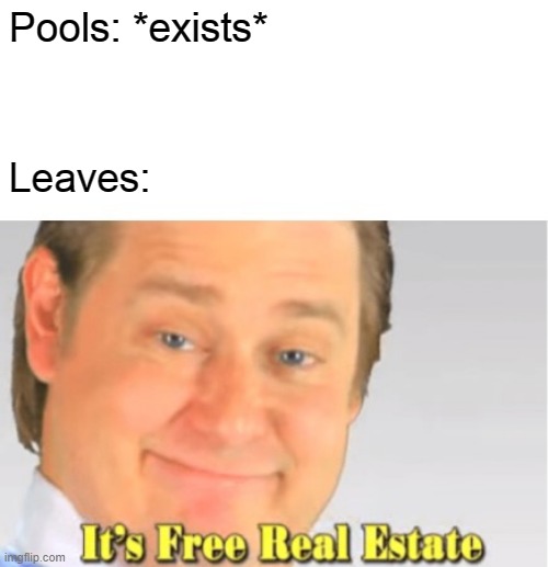Pools and leaves | Pools: *exists*; Leaves: | image tagged in it's free real estate | made w/ Imgflip meme maker