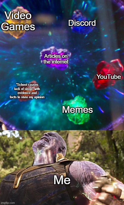 Thanos Infinity Stones | Video Games; Discord; Articles on the internet; YouTube; "School causes lack of sleep" with evidence and facts to state my opinion; Memes; Me | image tagged in thanos infinity stones | made w/ Imgflip meme maker