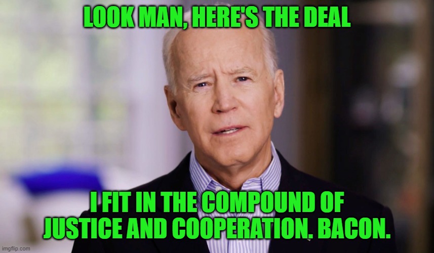 Joe Biden 2020 | LOOK MAN, HERE'S THE DEAL I FIT IN THE COMPOUND OF JUSTICE AND COOPERATION. BACON. | image tagged in joe biden 2020 | made w/ Imgflip meme maker