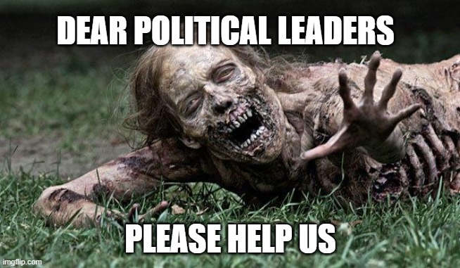 Walking Dead Zombie | DEAR POLITICAL LEADERS; PLEASE HELP US | image tagged in walking dead zombie | made w/ Imgflip meme maker
