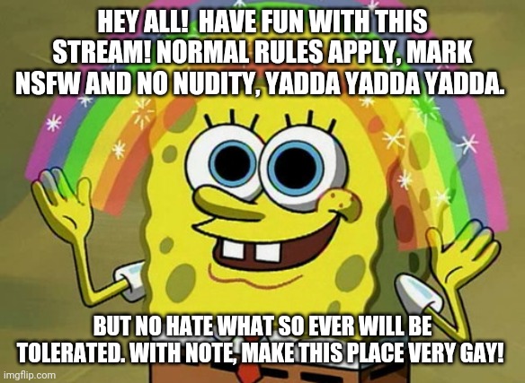 Have fun y'all! No discrimination either. | HEY ALL!  HAVE FUN WITH THIS STREAM! NORMAL RULES APPLY, MARK NSFW AND NO NUDITY, YADDA YADDA YADDA. BUT NO HATE WHAT SO EVER WILL BE TOLERATED. WITH NOTE, MAKE THIS PLACE VERY GAY! | image tagged in memes,imagination spongebob | made w/ Imgflip meme maker