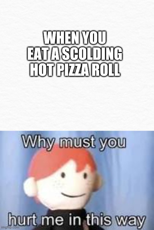 Why, Pizza rolls, why? | WHEN YOU EAT A SCOLDING HOT PIZZA ROLL | image tagged in why must you hurt me in this way,pizza roll,hot,hurt,funny,meme | made w/ Imgflip meme maker