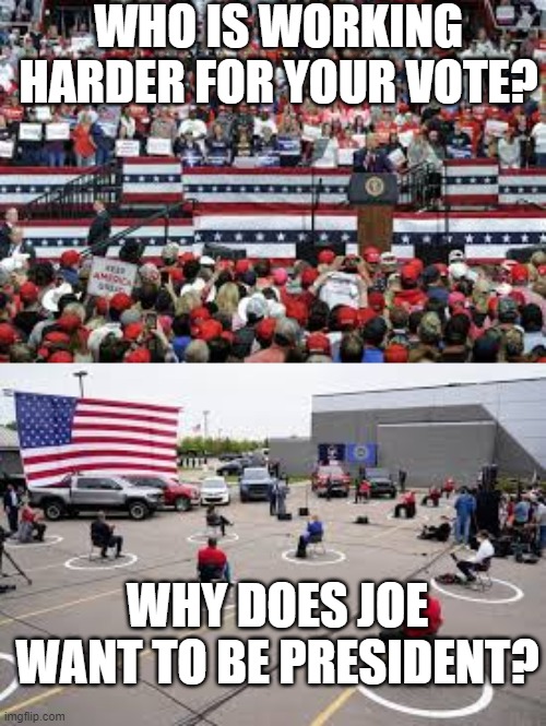 Biden doesn't look like he wants to work hard enough to be President. | WHO IS WORKING HARDER FOR YOUR VOTE? WHY DOES JOE WANT TO BE PRESIDENT? | image tagged in president trump,biden | made w/ Imgflip meme maker