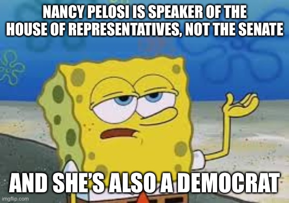 I’ll have you know spongebob | NANCY PELOSI IS SPEAKER OF THE HOUSE OF REPRESENTATIVES, NOT THE SENATE AND SHE’S ALSO A DEMOCRAT | image tagged in i ll have you know spongebob | made w/ Imgflip meme maker