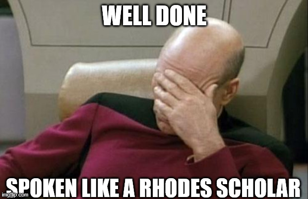 Captain Picard Facepalm Meme | WELL DONE SPOKEN LIKE A RHODES SCHOLAR | image tagged in memes,captain picard facepalm | made w/ Imgflip meme maker