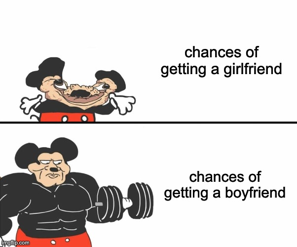 Buff Mickey Mouse | chances of getting a girlfriend; chances of getting a boyfriend | image tagged in buff mickey mouse,me and the boys | made w/ Imgflip meme maker