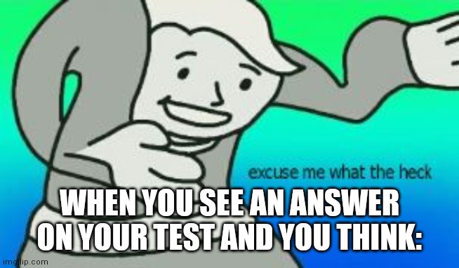 Excuse Me What The Heck | WHEN YOU SEE AN ANSWER ON YOUR TEST AND YOU THINK: | image tagged in excuse me what the heck | made w/ Imgflip meme maker