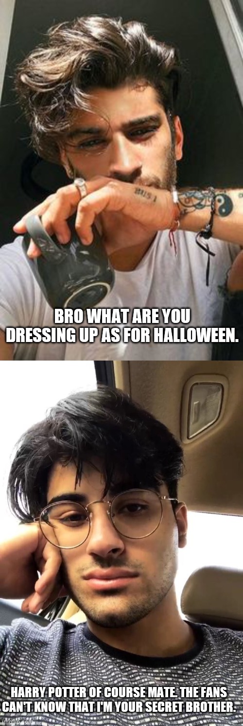 Zayn Malik's Secret Brother | BRO WHAT ARE YOU DRESSING UP AS FOR HALLOWEEN. HARRY POTTER OF COURSE MATE. THE FANS CAN'T KNOW THAT I'M YOUR SECRET BROTHER. | image tagged in zayn malik,pakistani look alike,harry potter,secret brother,conspiracy | made w/ Imgflip meme maker