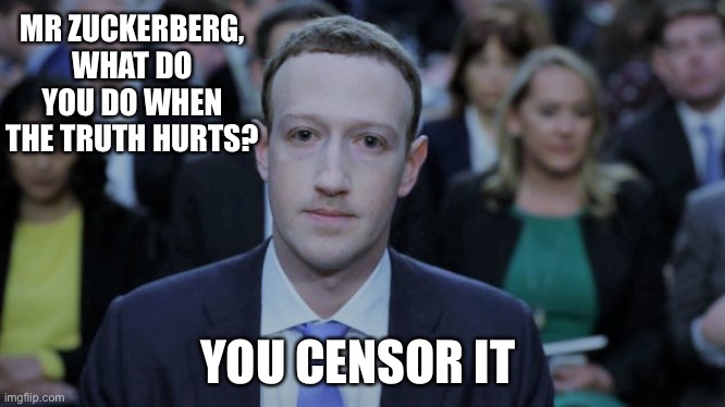 Mark Zuckerberg Testifies  | MR ZUCKERBERG, WHAT DO YOU DO WHEN THE TRUTH HURTS? YOU CENSOR IT | image tagged in mark zuckerberg testifies | made w/ Imgflip meme maker