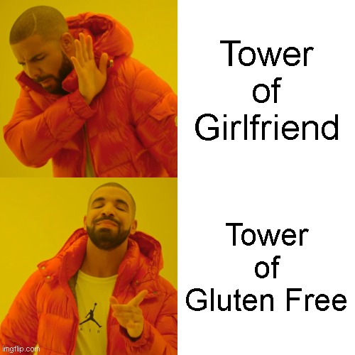 Tower of Generation Failure is a thing? | Tower of Girlfriend; Tower of Gluten Free | image tagged in memes,drake hotline bling | made w/ Imgflip meme maker