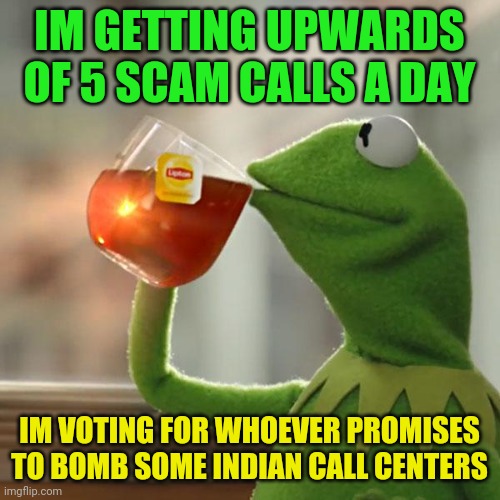 But That's None Of My Business Meme | IM GETTING UPWARDS OF 5 SCAM CALLS A DAY; IM VOTING FOR WHOEVER PROMISES TO BOMB SOME INDIAN CALL CENTERS | image tagged in memes,but that's none of my business,kermit the frog | made w/ Imgflip meme maker