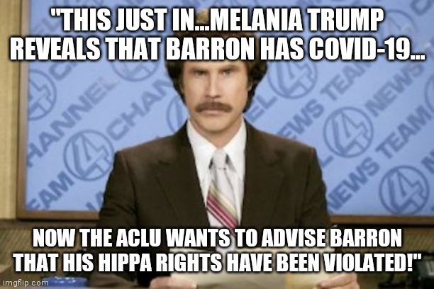 If I was a reporter when Chelsea was a kid and leaked out that she had (just say scabies) I would be fired!  Bottom feeding turd |  "THIS JUST IN...MELANIA TRUMP REVEALS THAT BARRON HAS COVID-19... NOW THE ACLU WANTS TO ADVISE BARRON THAT HIS HIPPA RIGHTS HAVE BEEN VIOLATED!" | image tagged in ron burgundy,liberal media,bottom,feeding,scumbags | made w/ Imgflip meme maker