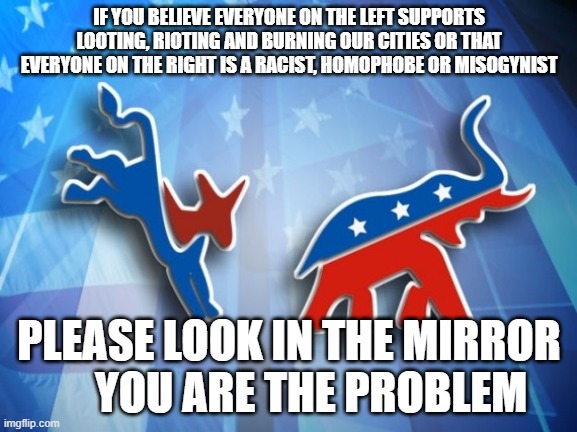 Left Vs Right Paradigm | IF YOU BELIEVE EVERYONE ON THE LEFT SUPPORTS LOOTING, RIOTING AND BURNING OUR CITIES OR THAT EVERYONE ON THE RIGHT IS A RACIST, HOMOPHOBE OR MISOGYNIST; PLEASE LOOK IN THE MIRROR      YOU ARE THE PROBLEM | image tagged in we are all americans | made w/ Imgflip meme maker