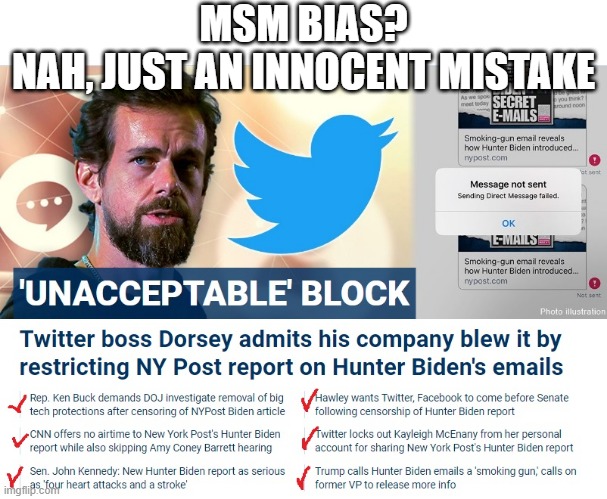 Media Bias... Again! | MSM BIAS?
NAH, JUST AN INNOCENT MISTAKE | image tagged in censored,twitter,faebook,hunter | made w/ Imgflip meme maker