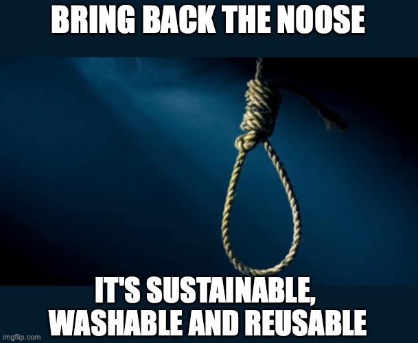 BringBack The Noose | BRING BACK THE NOOSE; IT'S SUSTAINABLE, 
WASHABLE AND REUSABLE | image tagged in noose,sustainable,washable,reusable,quislings tremble | made w/ Imgflip meme maker