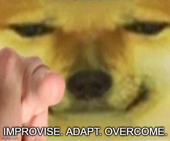 Improvise, adapt,overcome | IMPROVISE. ADAPT. OVERCOME. | image tagged in doge,cheems | made w/ Imgflip meme maker