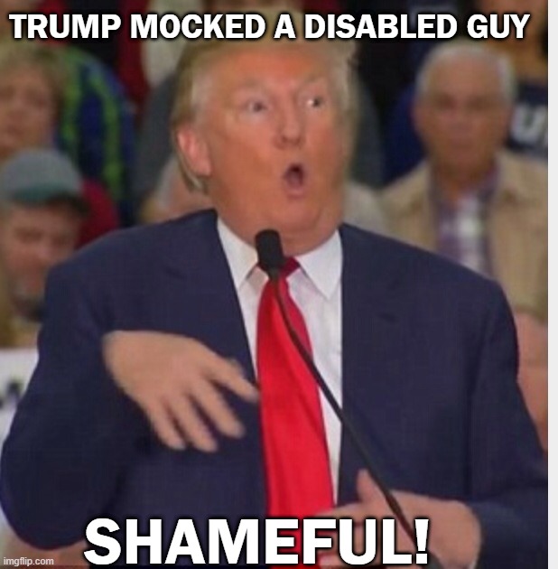 Trump Mocks Disability | TRUMP MOCKED A DISABLED GUY; SHAMEFUL! | image tagged in trump,mocking,disabled,guy,autistic,autism | made w/ Imgflip meme maker
