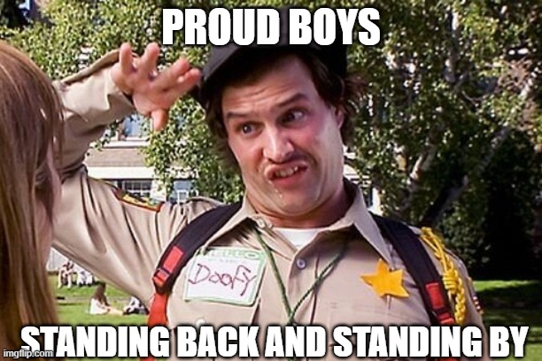 Them there proud boys. | PROUD BOYS; STANDING BACK AND STANDING BY | image tagged in special officer doofy,proud boys,maga,trump,stand back,stand by | made w/ Imgflip meme maker