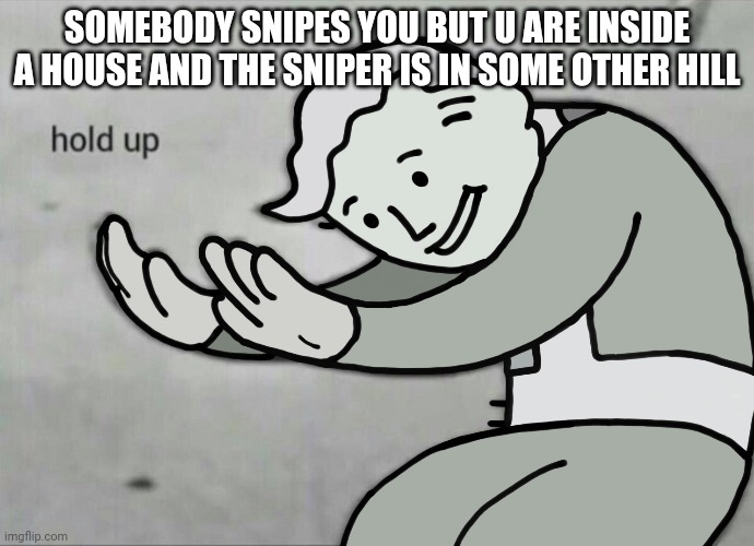 Sssniper glitcH. | SOMEBODY SNIPES YOU BUT U ARE INSIDE A HOUSE AND THE SNIPER IS IN SOME OTHER HILL | image tagged in wait hold up | made w/ Imgflip meme maker