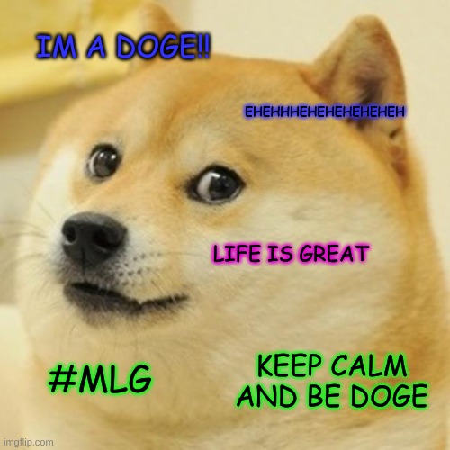 Happy Doge | IM A DOGE!! EHEHHHEHEHEHEHEHEH; LIFE IS GREAT; KEEP CALM AND BE DOGE; #MLG | image tagged in memes,doge | made w/ Imgflip meme maker