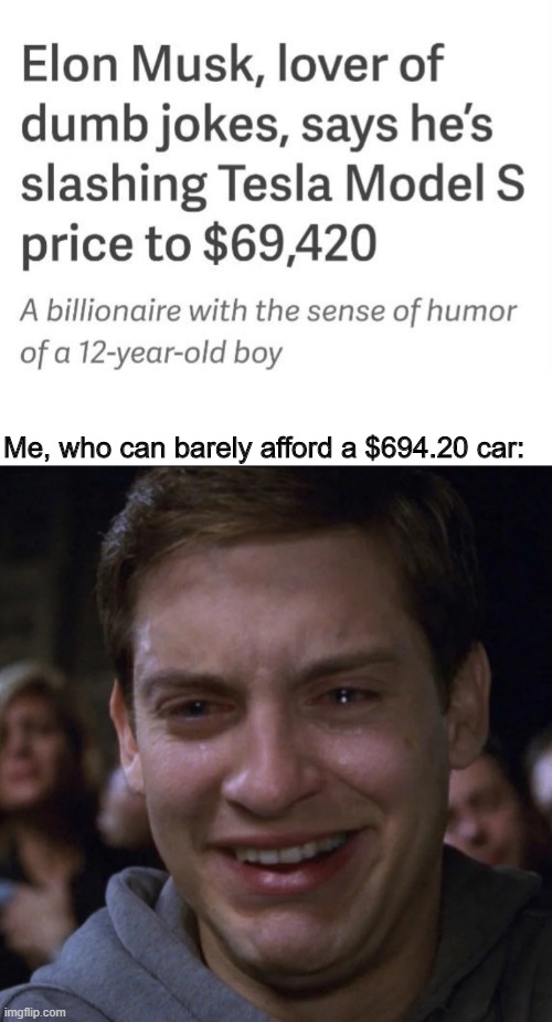 Elon Musk cool | Me, who can barely afford a $694.20 car: | image tagged in elon musk,peter parker cry | made w/ Imgflip meme maker