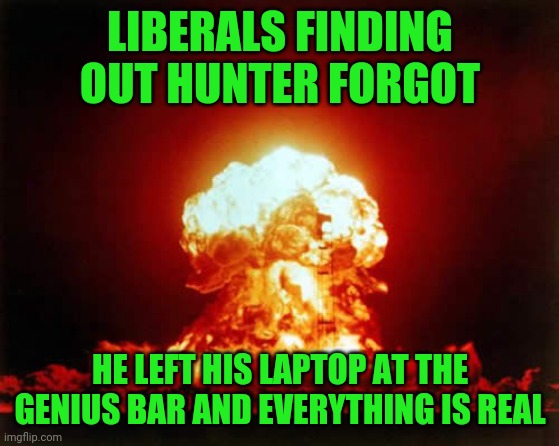 Nuclear Explosion Meme | LIBERALS FINDING OUT HUNTER FORGOT HE LEFT HIS LAPTOP AT THE GENIUS BAR AND EVERYTHING IS REAL | image tagged in memes,nuclear explosion | made w/ Imgflip meme maker