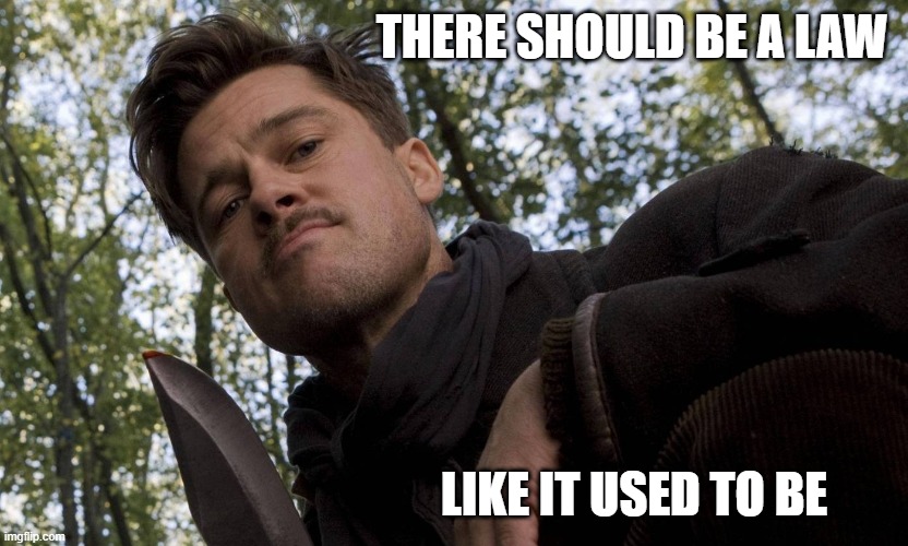 Inglorious Basterds | THERE SHOULD BE A LAW LIKE IT USED TO BE | image tagged in inglorious basterds | made w/ Imgflip meme maker