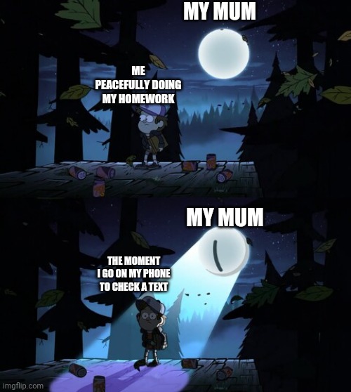 Dis ever happen to you? | MY MUM; ME PEACEFULLY DOING MY HOMEWORK; MY MUM; THE MOMENT I GO ON MY PHONE TO CHECK A TEXT | image tagged in gravity falls | made w/ Imgflip meme maker