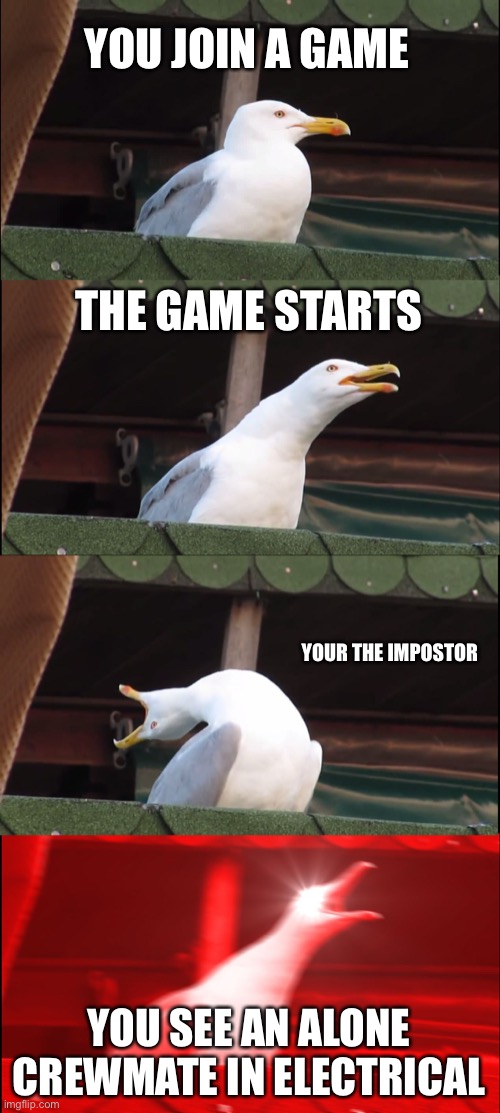 Inhaling Seagull | YOU JOIN A GAME; THE GAME STARTS; YOUR THE IMPOSTOR; YOU SEE AN ALONE CREWMATE IN ELECTRICAL | image tagged in memes,inhaling seagull | made w/ Imgflip meme maker