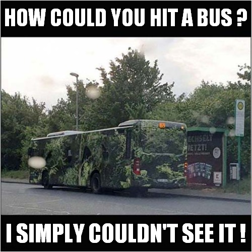 An Accident Waiting To Happen ! | HOW COULD YOU HIT A BUS ? I SIMPLY COULDN'T SEE IT ! | image tagged in fun,bus,car accident,camouflage | made w/ Imgflip meme maker