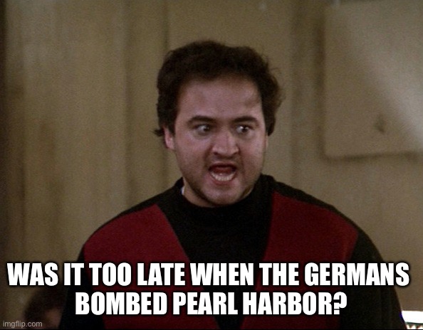 John Belushi - Animal House | WAS IT TOO LATE WHEN THE GERMANS 
BOMBED PEARL HARBOR? | image tagged in john belushi - animal house | made w/ Imgflip meme maker