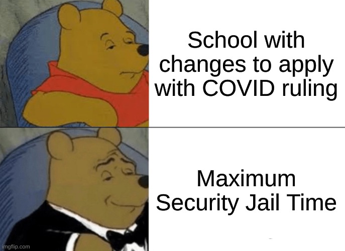 Tuxedo Winnie The Pooh Meme | School with changes to apply with COVID ruling; Maximum Security Jail Time | image tagged in memes,tuxedo winnie the pooh | made w/ Imgflip meme maker