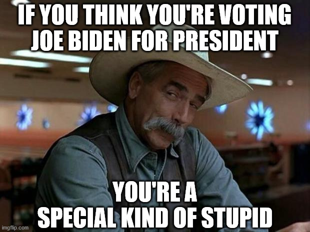 Special Kind of Stupid | IF YOU THINK YOU'RE VOTING
JOE BIDEN FOR PRESIDENT; YOU'RE A SPECIAL KIND OF STUPID | image tagged in special kind of stupid,memes,sam elliott,joe biden,think about it,one does not simply | made w/ Imgflip meme maker