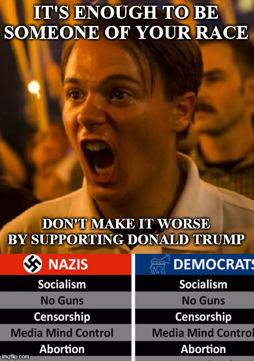 Don't be fooled, they are the racists. They do not believe in the individual freedom. | IT'S ENOUGH TO BE SOMEONE OF YOUR RACE; DON'T MAKE IT WORSE BY SUPPORTING DONALD TRUMP | image tagged in triggered nazi snowflake,brainwashing,democrats,politics,nazi | made w/ Imgflip meme maker