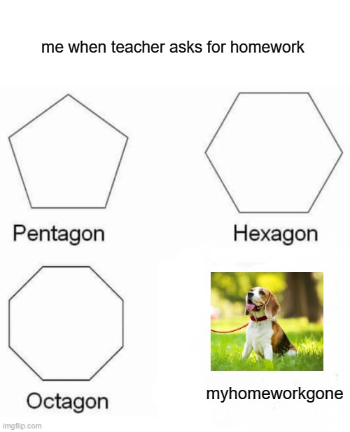 Pentagon Hexagon Octagon Meme | me when teacher asks for homework; myhomeworkgone | image tagged in memes,pentagon hexagon octagon | made w/ Imgflip meme maker