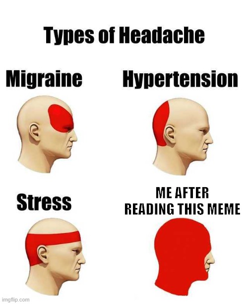 Types of Headache | ME AFTER READING THIS MEME | image tagged in types of headache | made w/ Imgflip meme maker