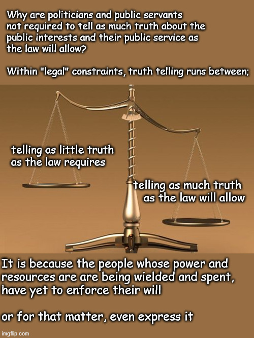 truth telling in government | Why are politicians and public servants
not required to tell as much truth about the
public interests and their public service as 
the law will allow?
 
Within "legal" constraints, truth telling runs between;; telling as little truth
as the law requires; telling as much truth 
as the law will allow; It is because the people whose power and
resources are are being wielded and spent, 
have yet to enforce their will
 
or for that matter, even express it | image tagged in politics | made w/ Imgflip meme maker