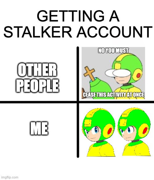 I honestly don't care | GETTING A STALKER ACCOUNT; OTHER PEOPLE; ME | image tagged in memes,blank starter pack | made w/ Imgflip meme maker
