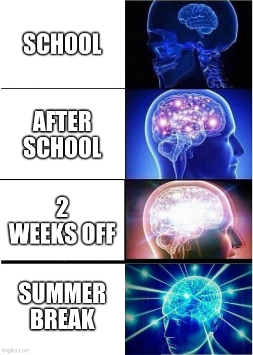 School Things | SCHOOL; AFTER SCHOOL; 2 WEEKS OFF; SUMMER BREAK | image tagged in memes,expanding brain | made w/ Imgflip meme maker