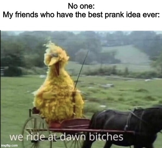 We ride at dawn bitches | No one:
My friends who have the best prank idea ever: | image tagged in we ride at dawn bitches | made w/ Imgflip meme maker