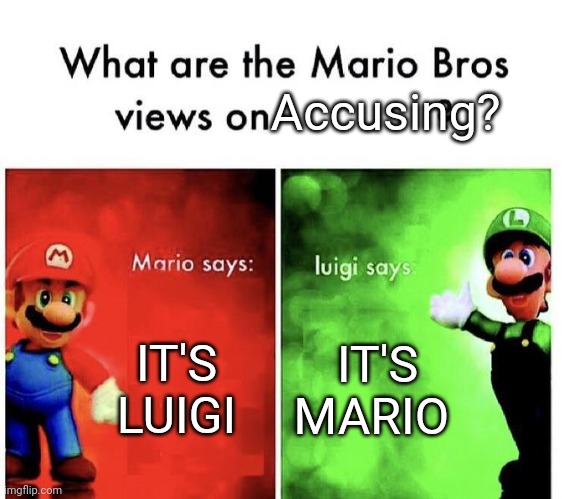 Mario Bros Views | Accusing? IT'S LUIGI; IT'S MARIO | image tagged in mario bros views | made w/ Imgflip meme maker