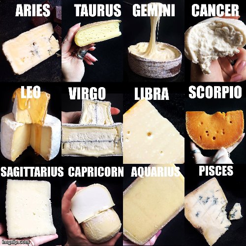 the signs as cheese lol | image tagged in zodiac,signs,cheese | made w/ Imgflip meme maker