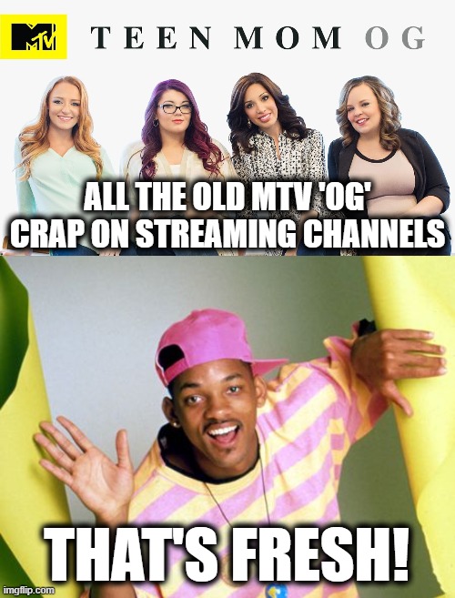 OMG, why are they still showing this stuff?! | ALL THE OLD MTV 'OG' CRAP ON STREAMING CHANNELS; THAT'S FRESH! | image tagged in memes,mtv,og,teen mom,fresh prince | made w/ Imgflip meme maker